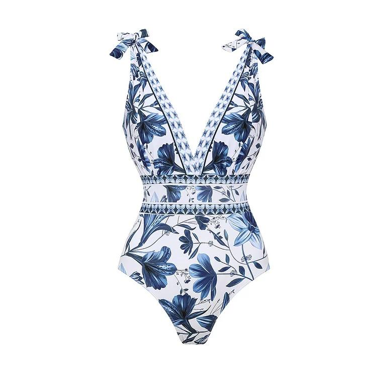 Women's V Neck Blue Print One-Piece Swimsuit